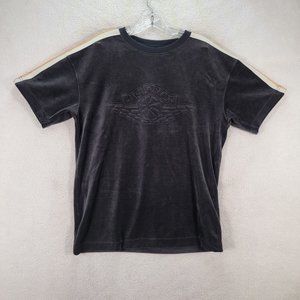 Black Velour Striped Hip Hop Crew Neck Sports Athleisure Classic Casual T Shirt